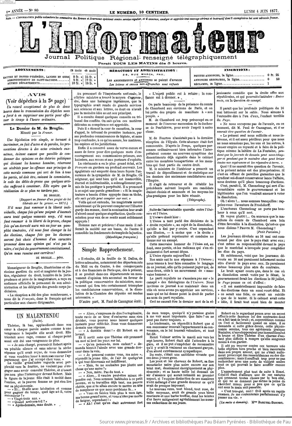 l informateur journal politique regional renseigne telegraphiquement 1877 06 04 documents du site pireneas